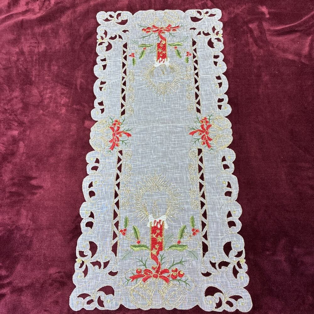 Holiday Christmas Candle Placemat Table Cloth Runner White 15x34"